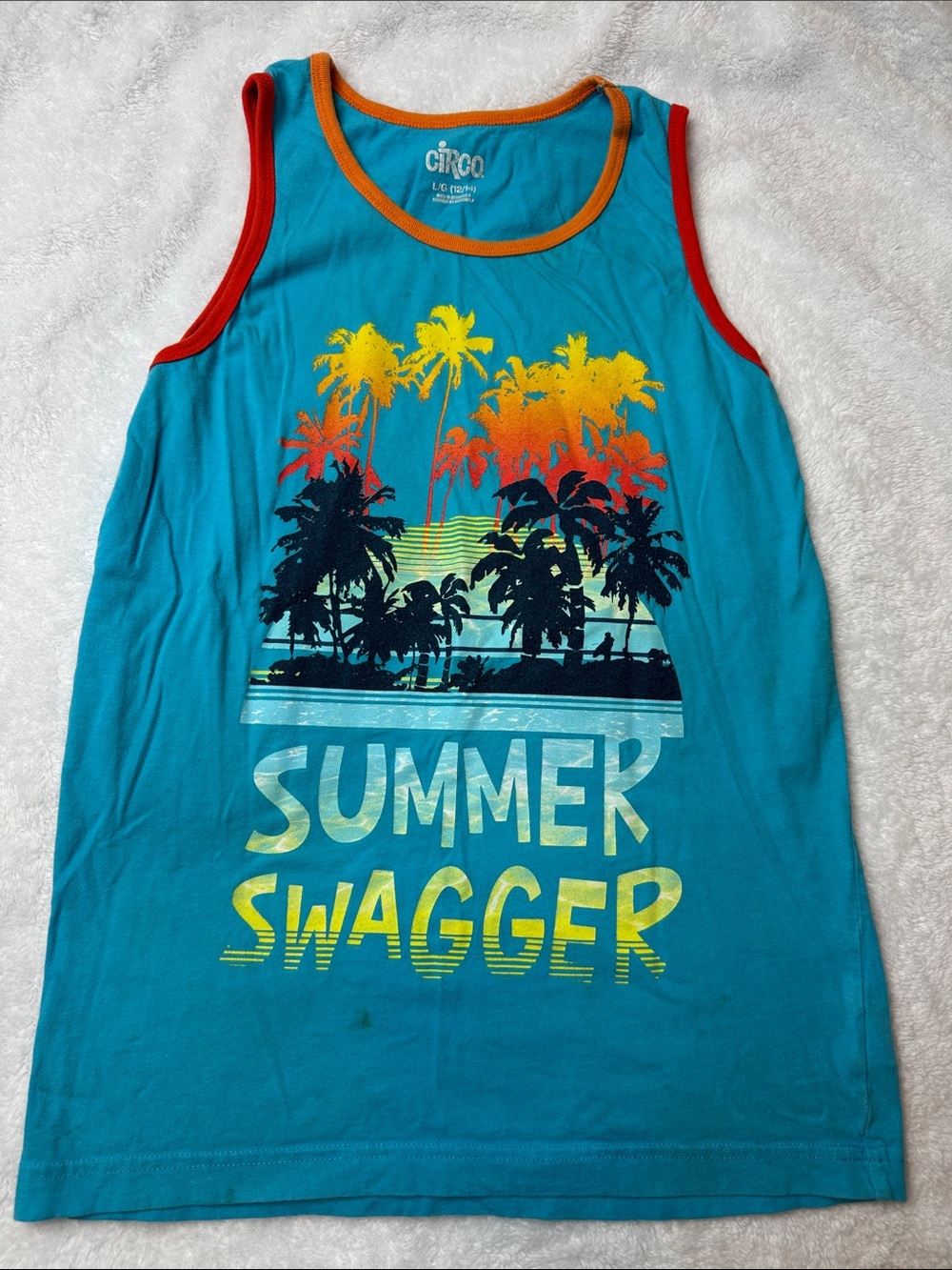 Circo Teal Tank Top with Yellow-Orange Palm Graphic and Red Trim | Large 12/14